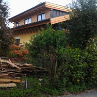 Hausdach mit Holzverkleidung hinter einem Busch